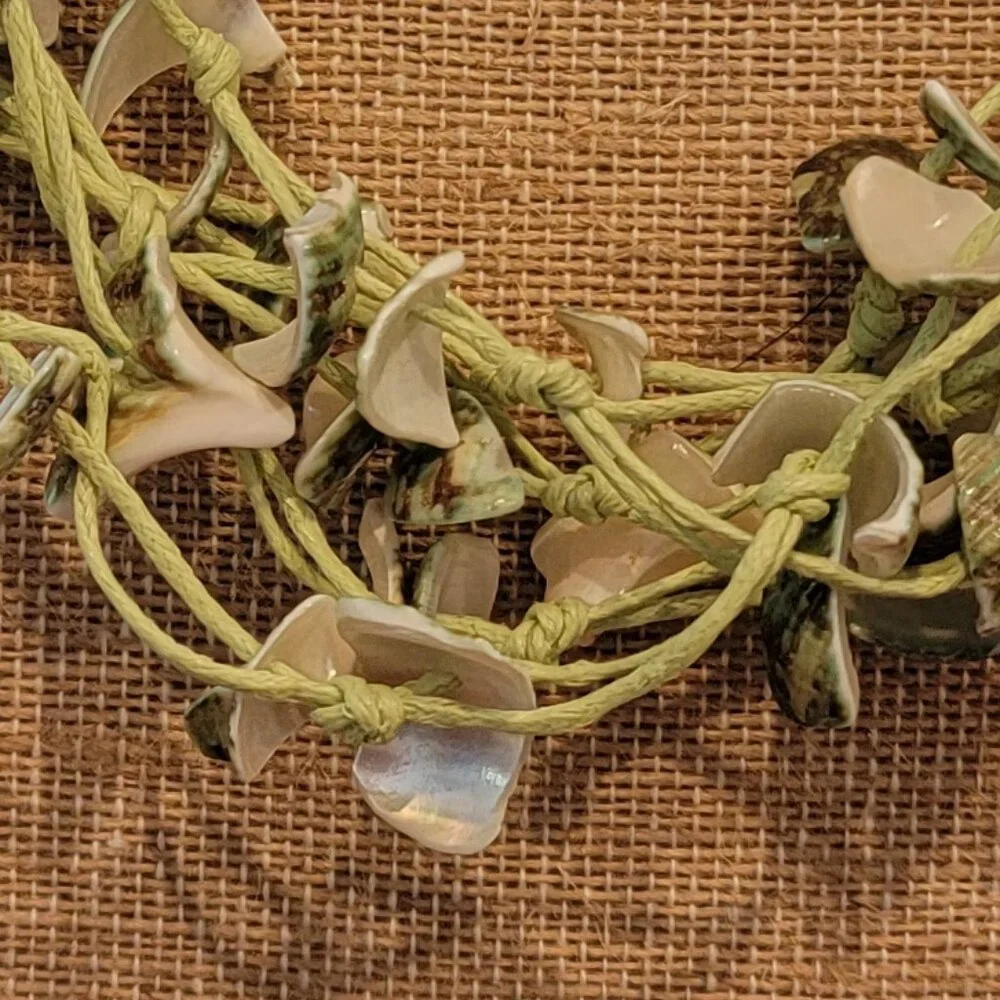 Green Shell & Cotton Multistrand Boho Necklace - Picture 4 of 11
